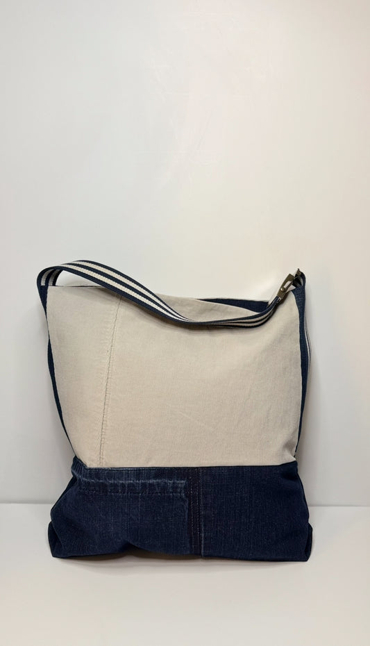 Victoria Medium Structured Tote Bag Corduroy Grey & Navy Blue
